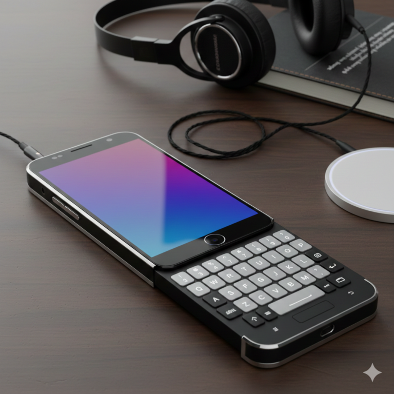 A Clicks Communicator Phone is connected to the jack of the headphone in the table