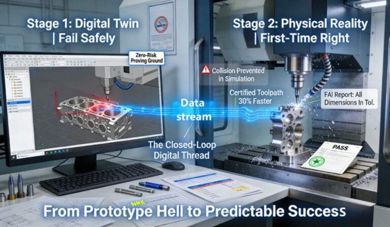 A split-view showing a CAM simulation on a computer screen detecting a collision in a virtual CNC machine (left), and the corresponding real 5-axis CNC machine smoothly cutting a perfect part, with a passed inspection report nearby (right), connected by a data stream, visualizing the “digital twin to first-time-right” workflow that eliminates prototype delays.