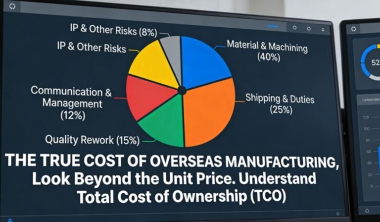 Professional infographic illustrating the breakdown of Total Cost of Ownership for overseas CNC machining, highlighting key components like material costs, shipping, quality rework, and management overhead.