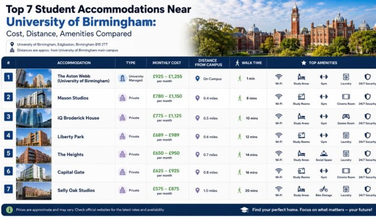 Top 7 Student Accommodations Near University of Birmingham: Cost, Distance, Amenities Compared